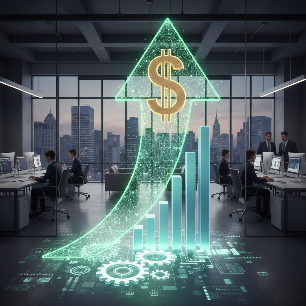 Gráfico digital com uma seta ascendente e símbolo de dólar sobreposto em um escritório moderno com funcionários trabalhando.